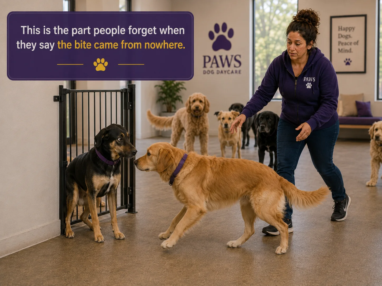 PAWS Lady approaches as a frightened dog freezes against a daycare gate and a golden dog crowds into its remaining space.