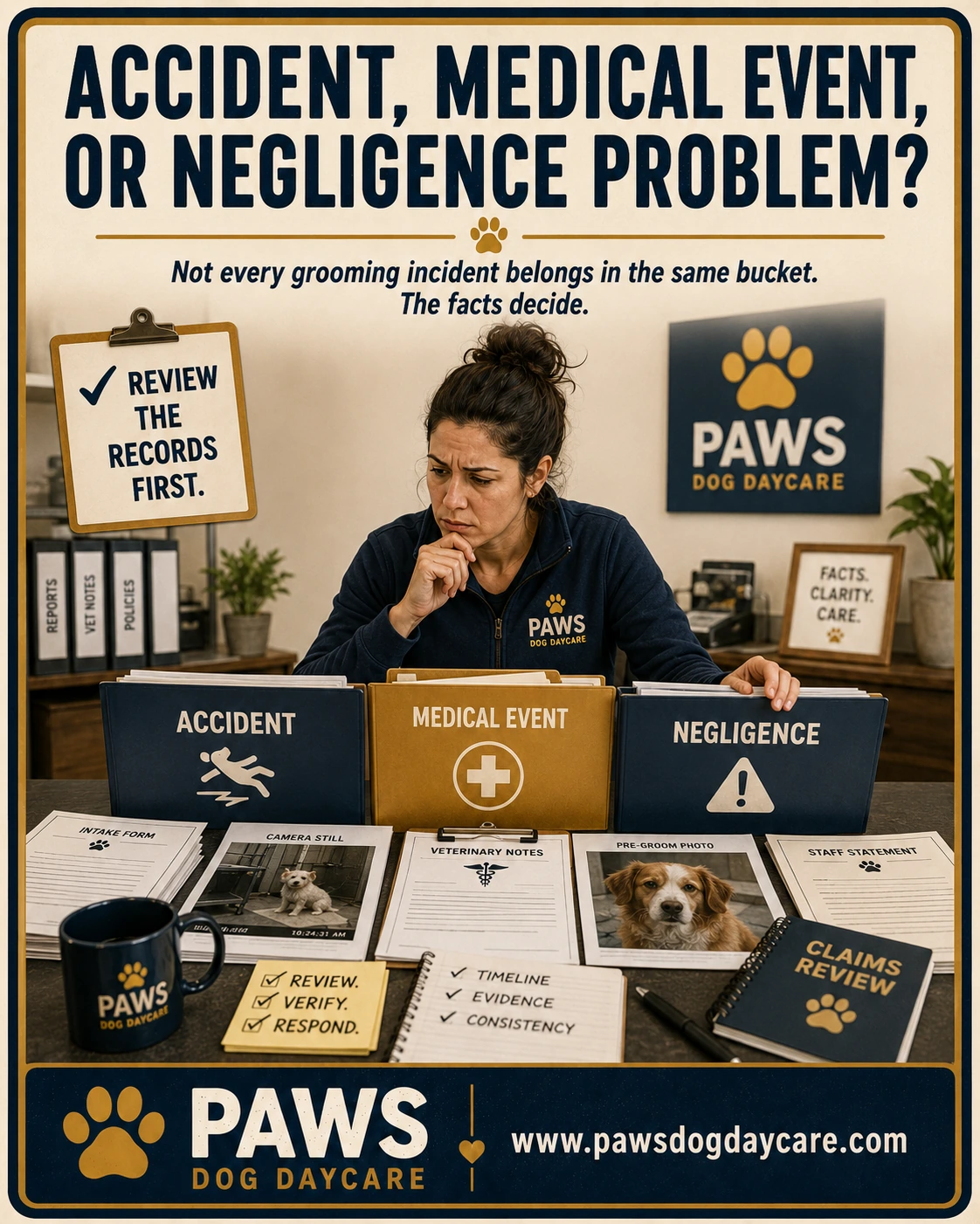 PAWS Dog Daycare insurance scenario image showing the PAWS lady reviewing records and sorting a grooming incident into accident, medical event, or negligence.