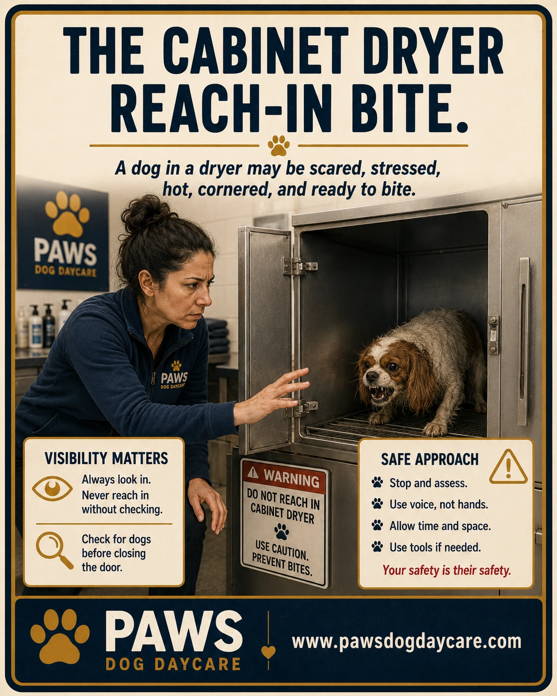 PAWS Dog Daycare insurance scenario image showing a cautious approach to a dog in the back of a cabinet dryer during grooming.
