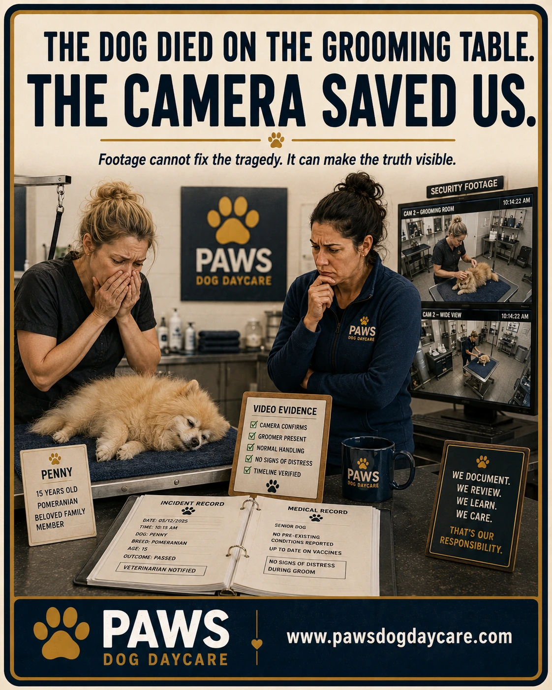 PAWS Dog Daycare insurance scenario image showing a senior Pomeranian grooming-table death scenario with security footage proving normal handling.