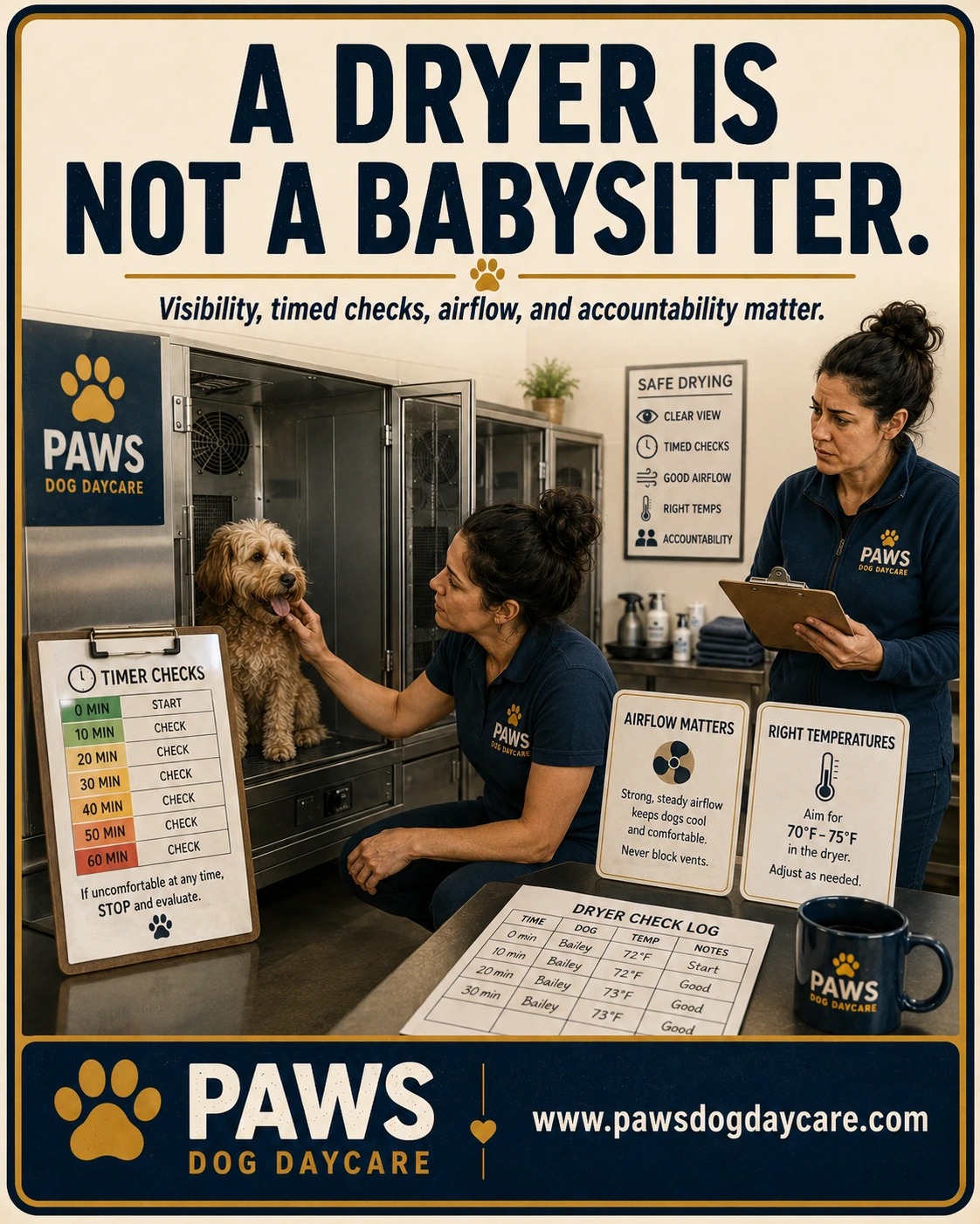 PAWS Dog Daycare insurance scenario image showing cabinet dryers, timer checks, temperature notes, airflow reminders, and staff visibly monitoring a dog.