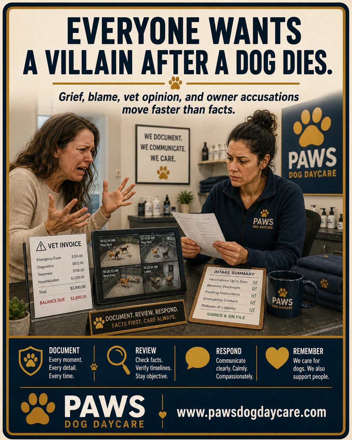 PAWS Dog Daycare insurance scenario image showing an upset owner, vet invoice, camera footage, intake summary, and PAWS lady reviewing records after a grooming death.