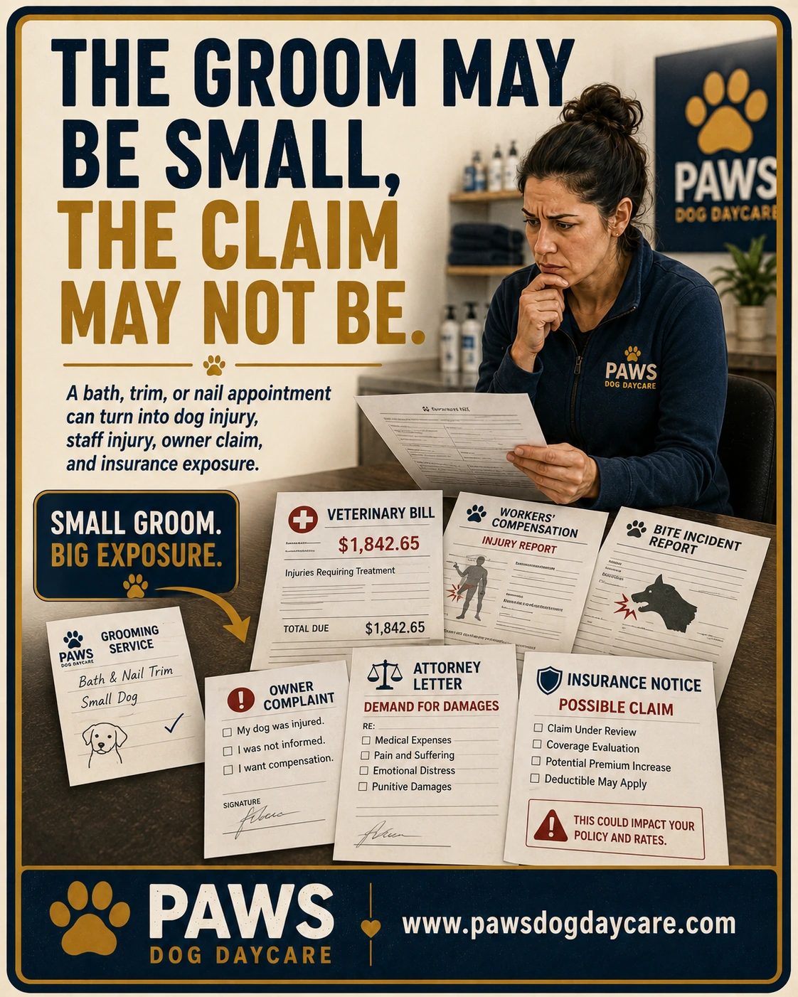 PAWS Dog Daycare insurance scenario image showing a small grooming appointment turning into a pile of exposure including vet bill, workers’ comp form, bite report, owner complaint, attorney letter, and insurance notice.