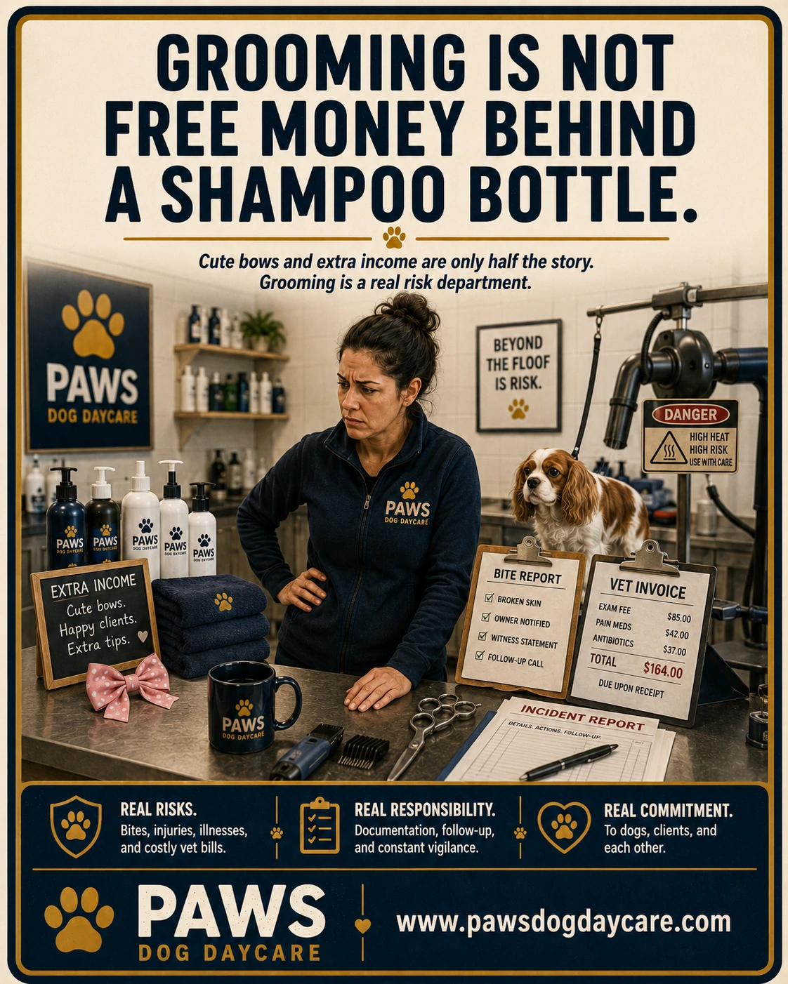 PAWS Dog Daycare insurance scenario image showing grooming income beside real grooming risk including dryer warnings, bite reports, vet invoices, sharp tools, and incident paperwork.