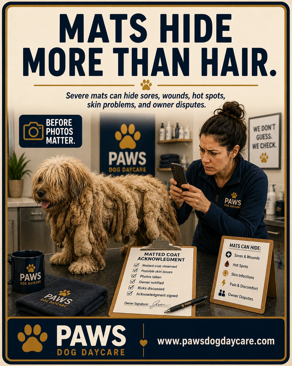 PAWS Dog Daycare insurance scenario image showing a severely matted dog with before photos and a matted-coat acknowledgment form on the counter.