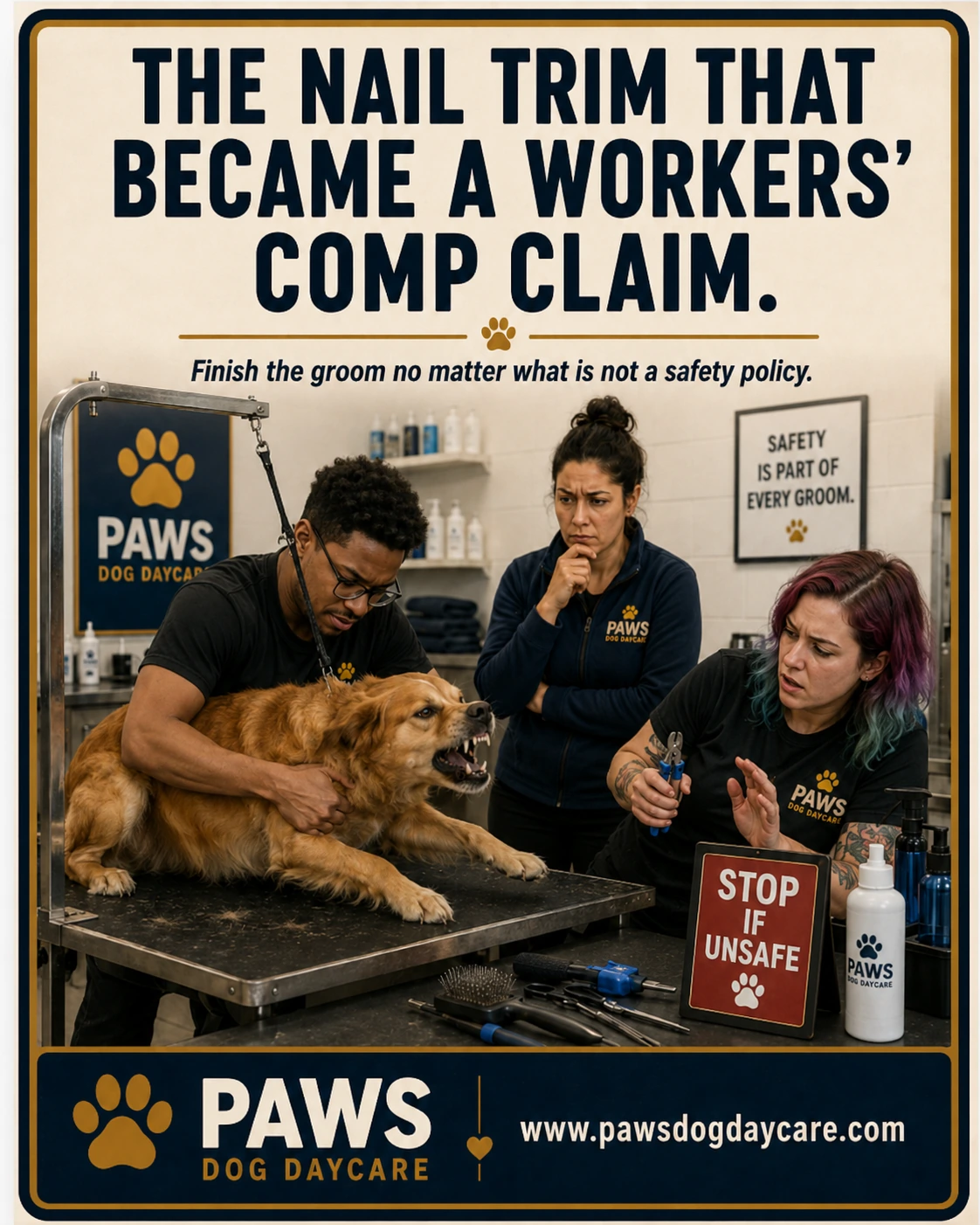PAWS Dog Daycare insurance scenario image showing a resistant dog during a nail trim while staff pause with a stop if unsafe warning visible.
