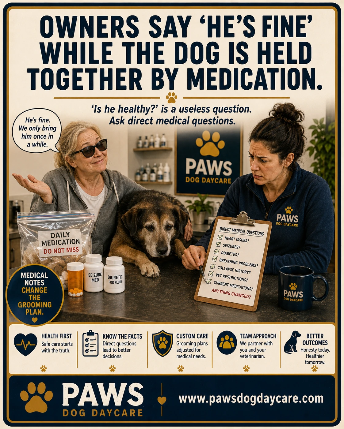 PAWS Dog Daycare insurance scenario image showing an older medicated dog at grooming check-in while the owner casually minimizes the dog’s medical risk.