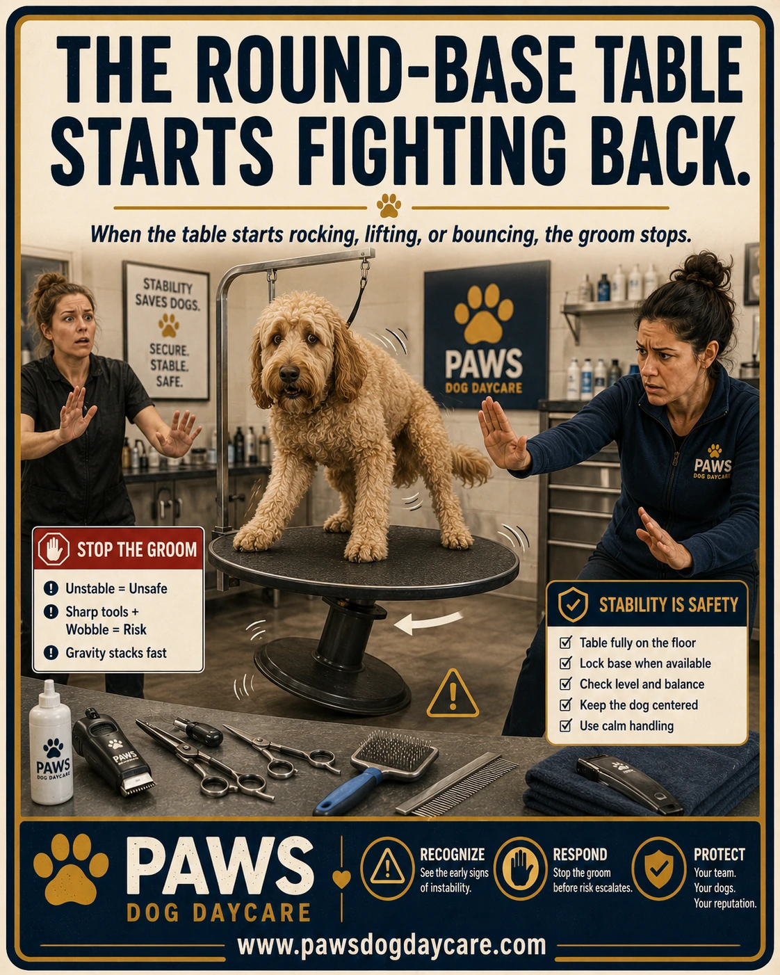 PAWS Dog Daycare insurance scenario image showing a large nervous dog on a round-base grooming table beginning to wobble, rock, or lift while staff stop the groom.