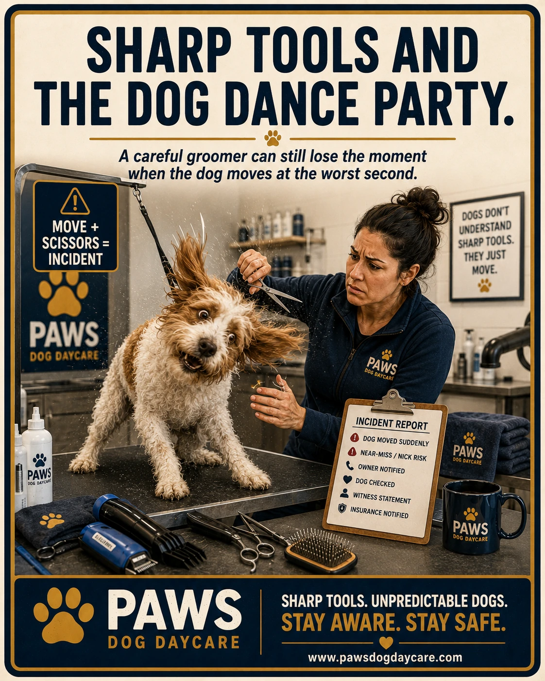 PAWS Dog Daycare insurance scenario image showing a dog jerking or shaking while scissors are near the ear during grooming.