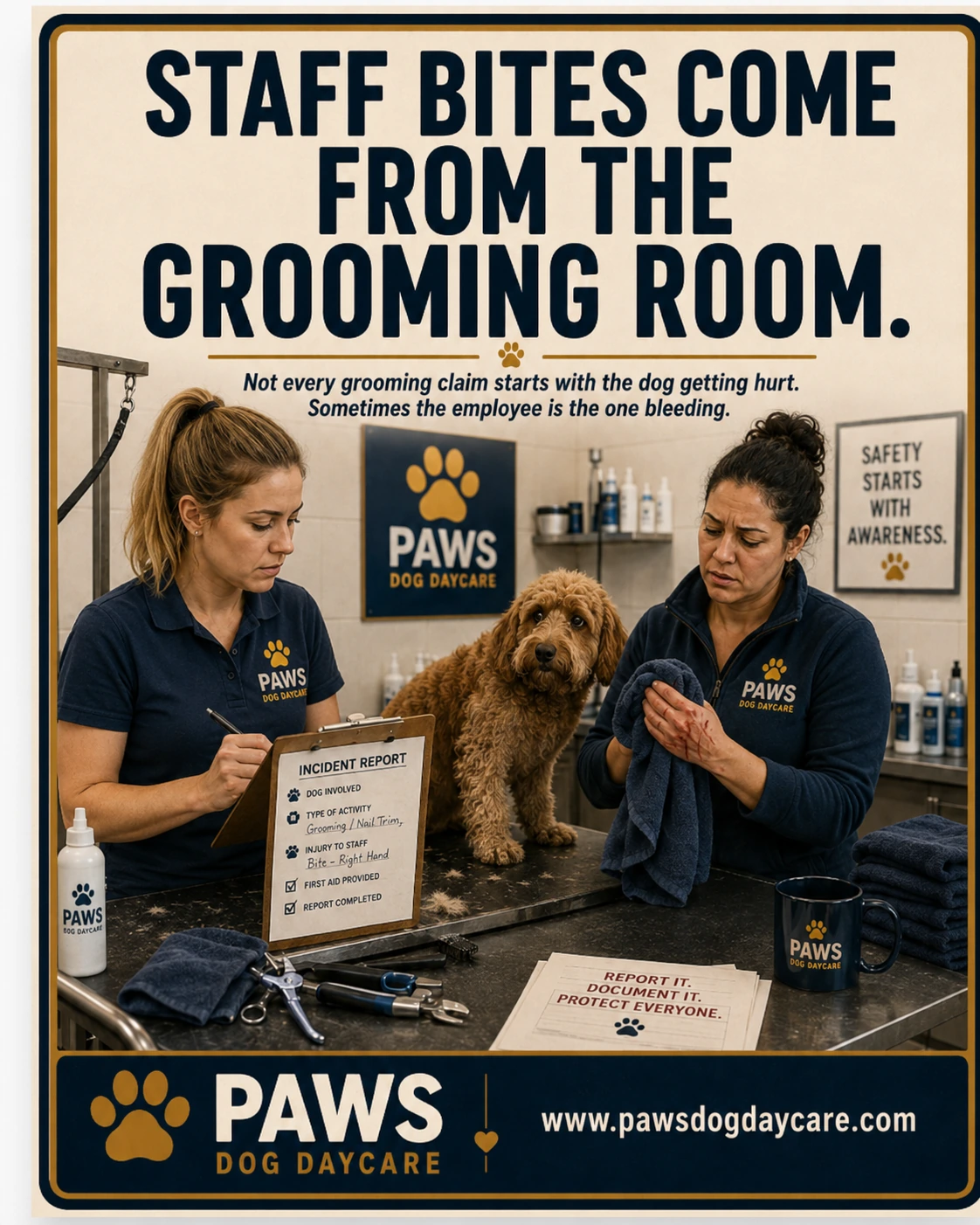 PAWS Dog Daycare insurance scenario image showing a grooming staff member with a bite injury while another staff member documents the incident.