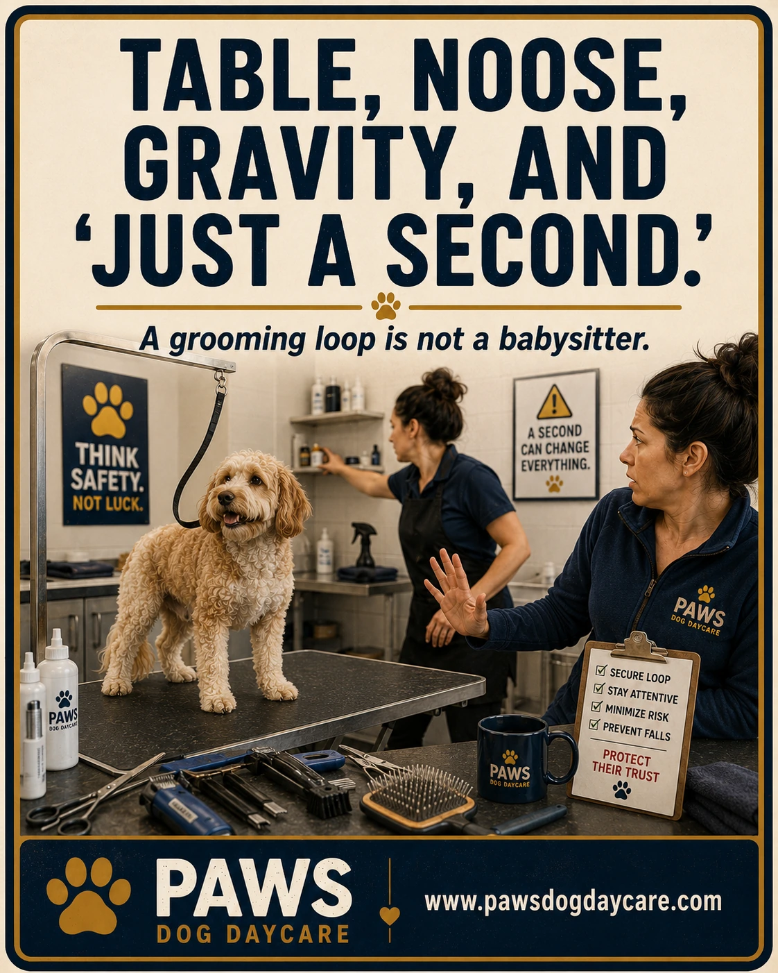 PAWS Dog Daycare insurance scenario image showing the danger of a dog being left on a grooming table while the groomer turns away for just a second.