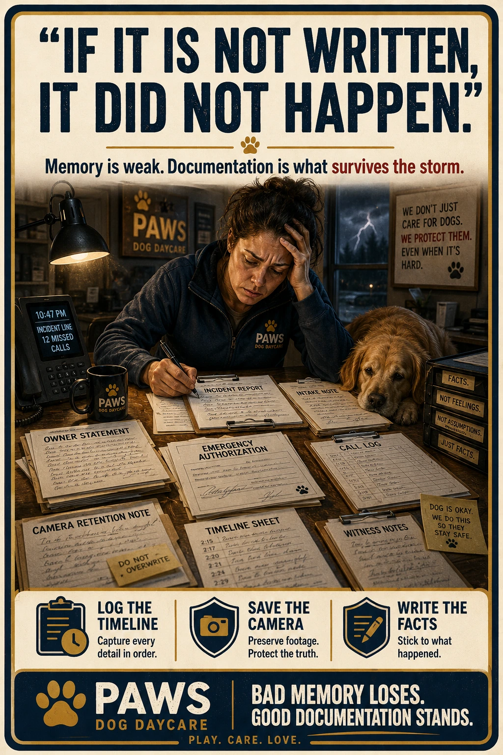PAWS Dog Daycare documentation image showing an incident report, owner statement, emergency authorization, camera retention note, timeline sheet, call log, and witness notes after a serious dog incident.