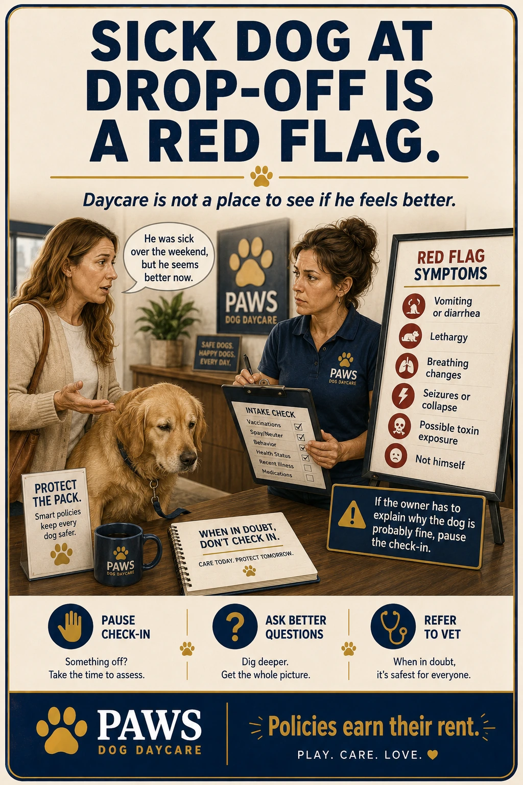 PAWS Dog Daycare sick dog drop-off image showing an owner bringing in a dog who was sick over the weekend while the operator pauses intake instead of sending the dog into group play.