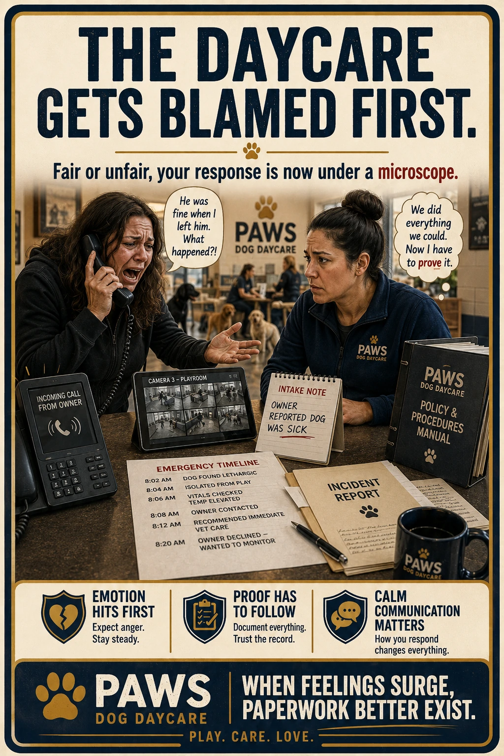 PAWS Dog Daycare insurance scenario image showing an emotional owner blaming the daycare while the operator faces the pressure of proving the timeline, intake note, camera record, policy manual, and incident report.