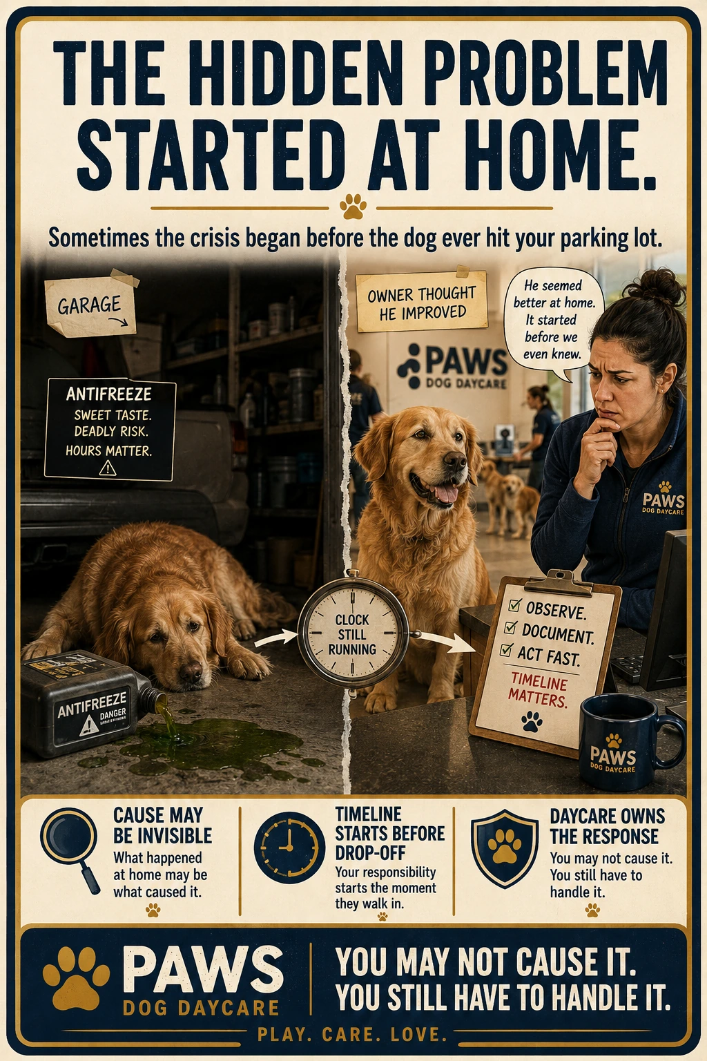 PAWS Dog Daycare insurance scenario image showing a dog exposed to a hidden danger at home before arriving at daycare, where the business still has to respond and document the crisis.