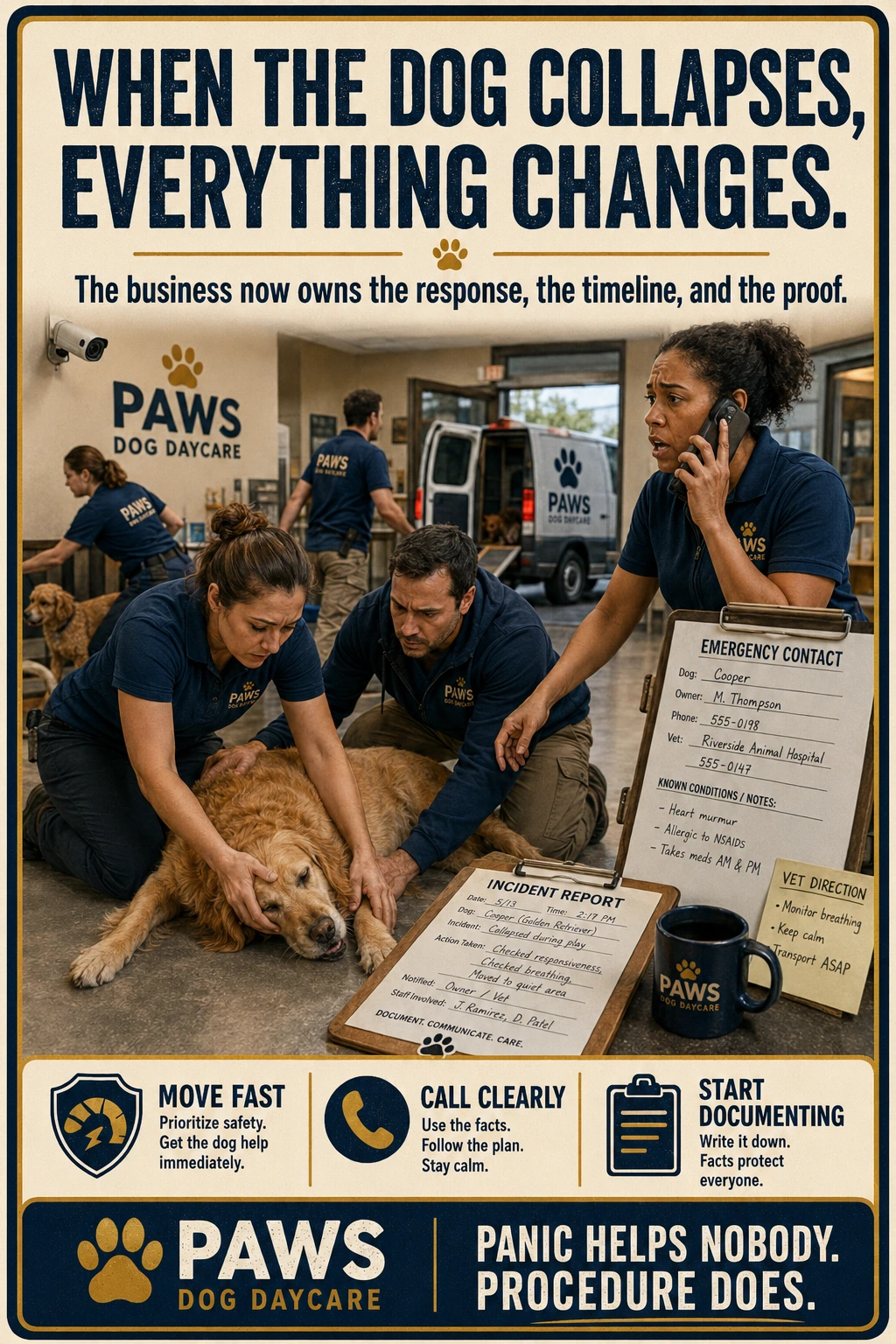 PAWS Dog Daycare insurance scenario image showing a dog collapsing at daycare while staff move quickly to call the owner, contact the vet, preserve the timeline, and start documenting.