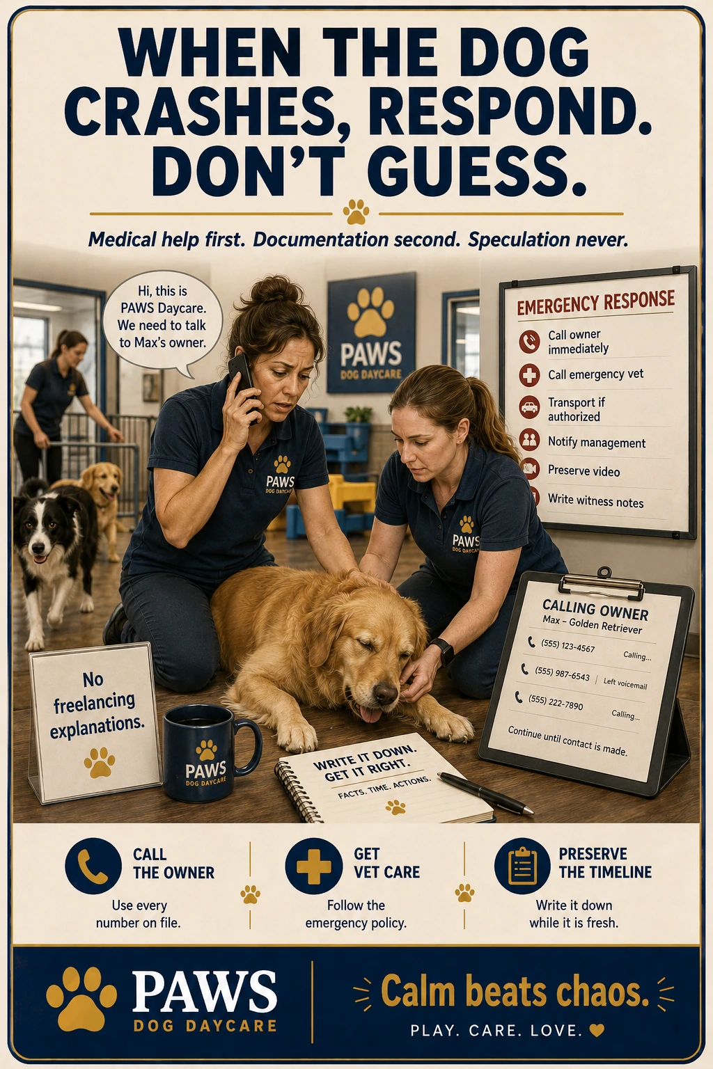 PAWS Dog Daycare emergency response image showing staff responding to a sick or crashing dog while calling the owner, checking the emergency plan, contacting the vet, and documenting the event.