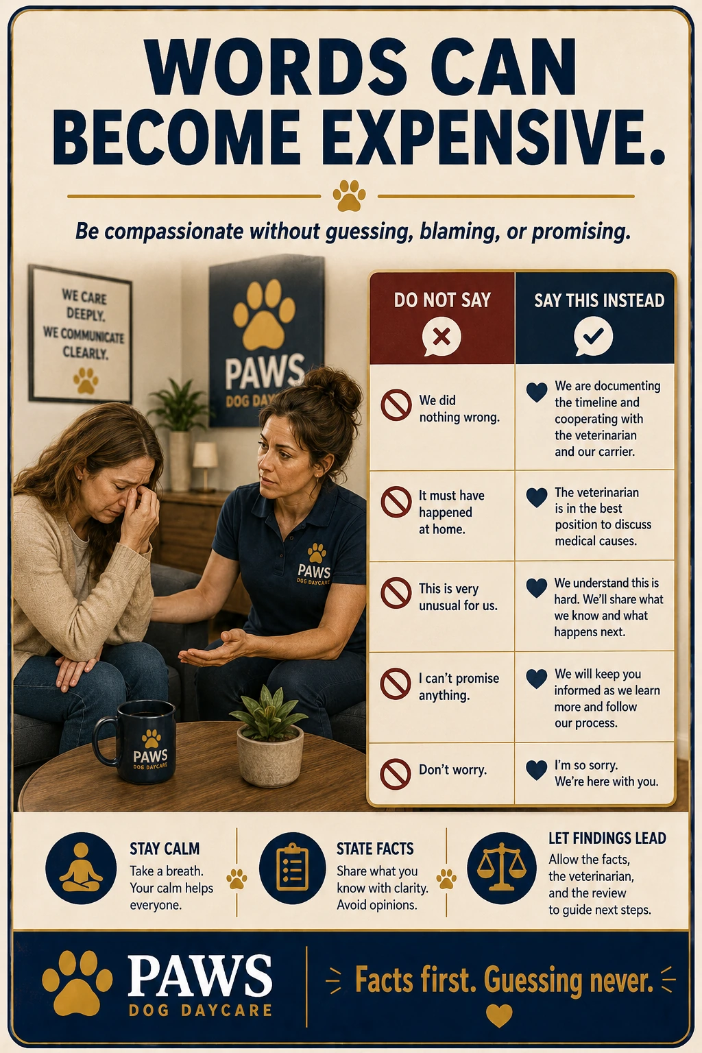 PAWS Dog Daycare customer communication warning image showing the danger of staff guessing, blaming, promising, admitting fault, minimizing, or freelancing explanations after a serious dog incident.