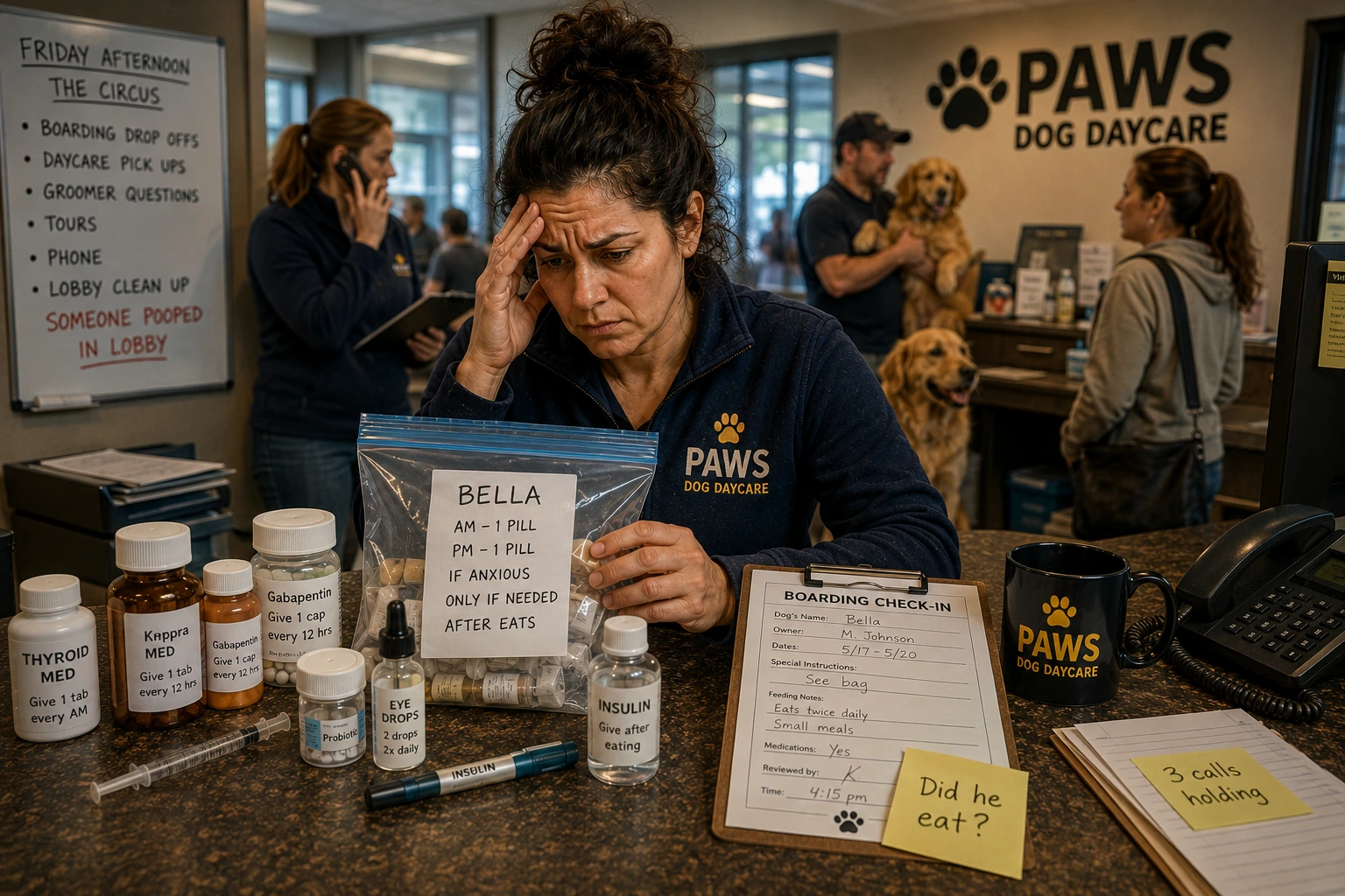 PAWS Dog Daycare insurance scenario image showing a busy boarding check-in where medication instructions, pill bottles, phones, customers, and lobby chaos create risk.