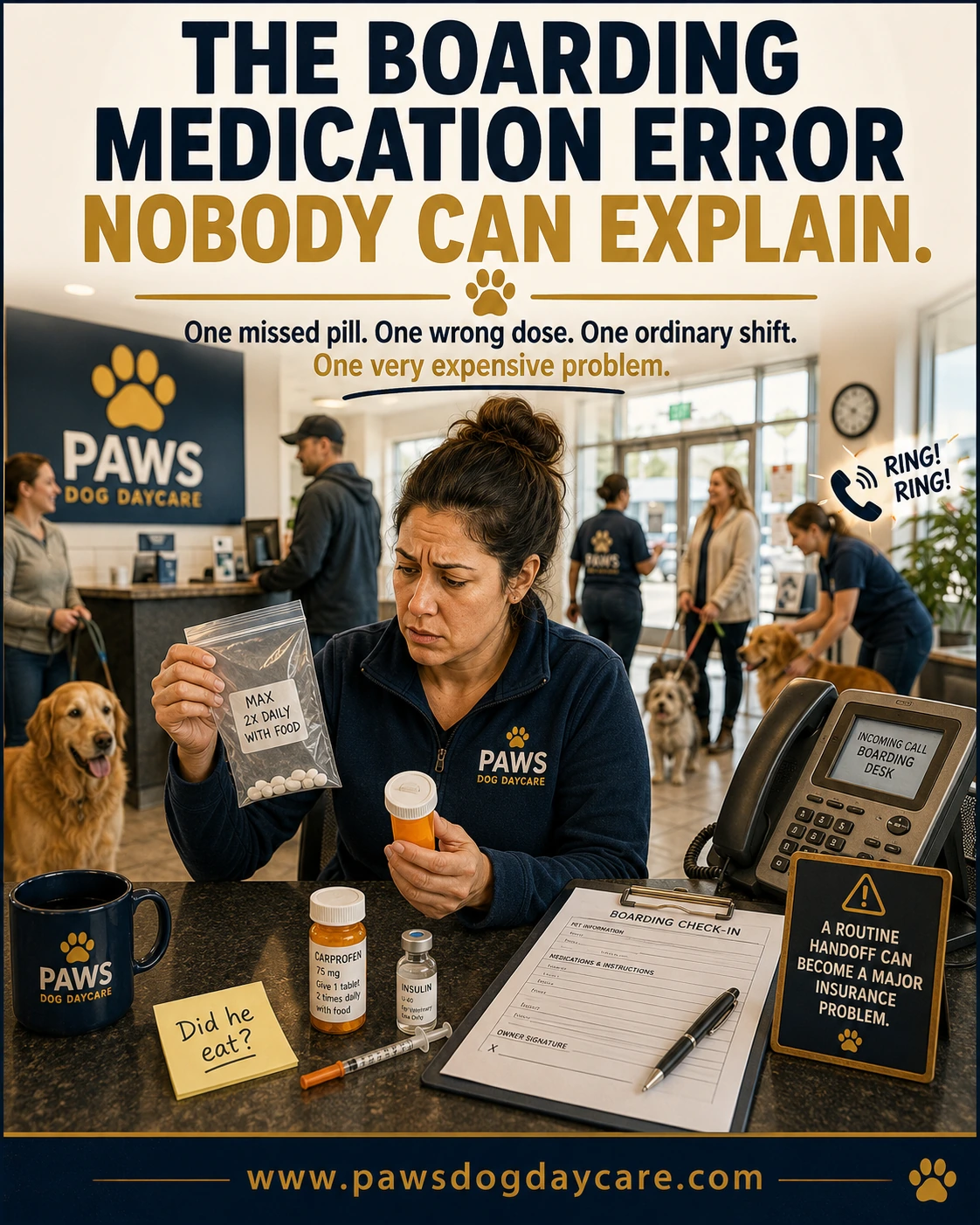 PAWS Dog Daycare insurance scenario image showing a serious boarding medication handoff with pill bottles, insulin, a boarding form, and a busy lobby creating insurance risk.
