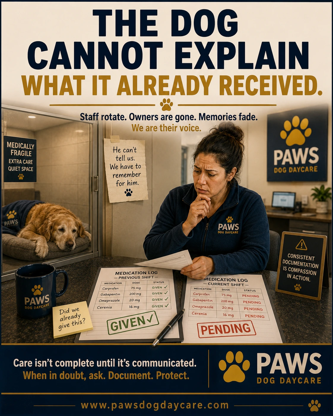 PAWS Dog Daycare insurance scenario image showing a medically fragile boarding dog resting while conflicting medication logs create uncertainty about what medication was already given.