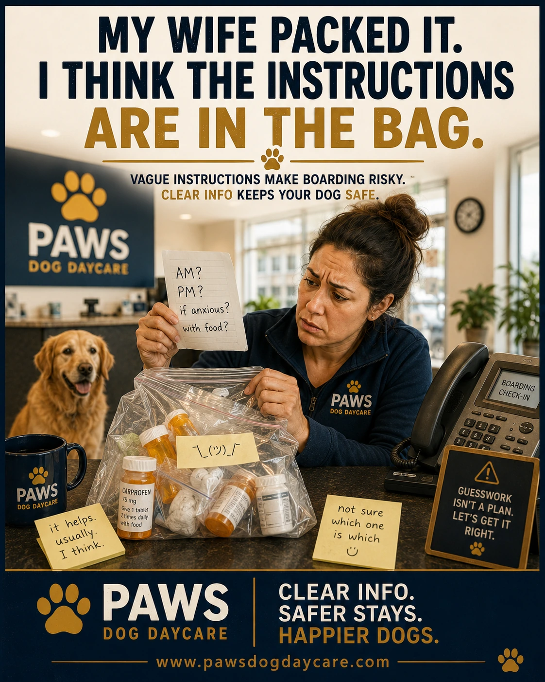 PAWS Dog Daycare insurance scenario image showing unclear owner medication instructions, mixed pill bottles, handwritten notes, and staff trying to interpret a messy medication bag.