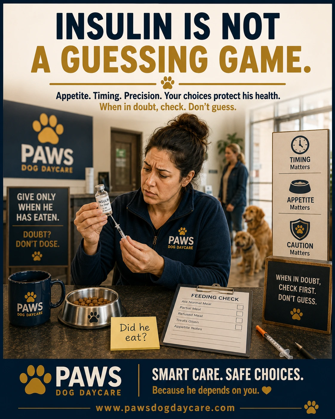 PAWS Dog Daycare insurance scenario image showing insulin, a syringe, a food bowl, a feeding sheet, and a note asking whether the diabetic dog ate before medication.