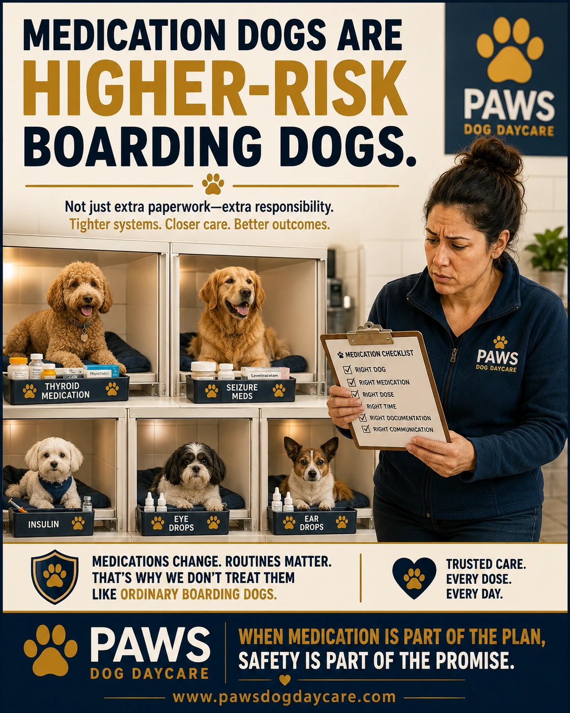 PAWS Dog Daycare insurance scenario image showing organized boarding bins and medication handling for thyroid meds, seizure meds, insulin, eye drops, and other higher-risk boarding instructions.