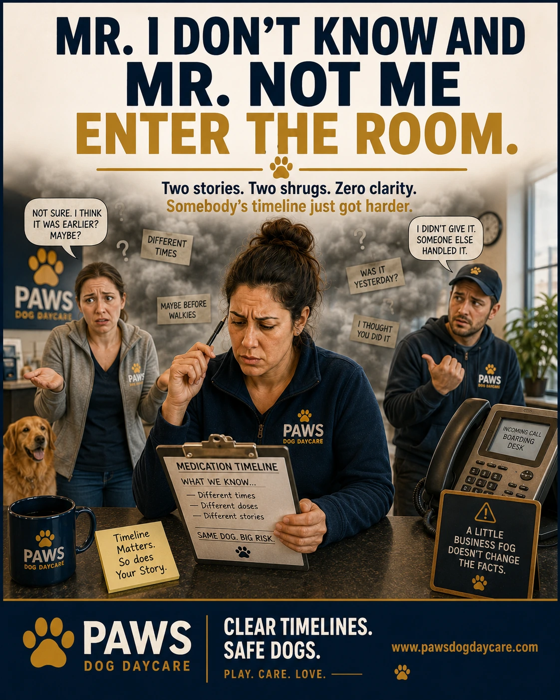 PAWS Dog Daycare insurance scenario image showing staff giving uncertain and conflicting answers after a boarding medication incident while the owner tries to reconstruct the timeline.