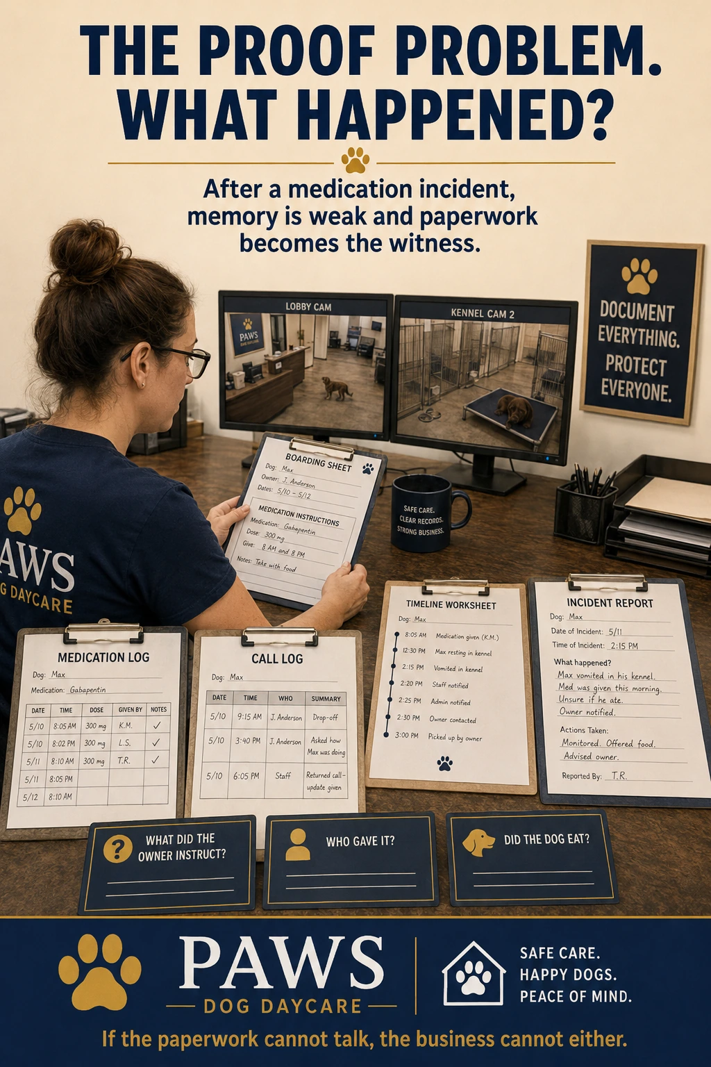 PAWS Dog Daycare insurance scenario image showing medication logs, incident reports, camera footage, call logs, and timeline reconstruction after a boarding medication incident.
