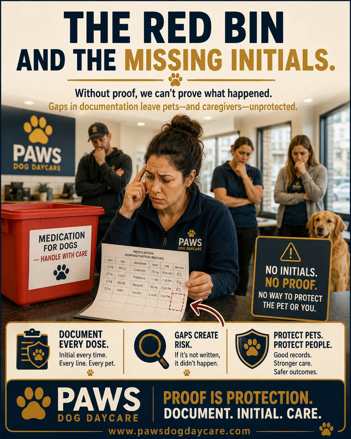 PAWS Dog Daycare insurance scenario image showing a medication bin, staff concern, and a medication record with a blank initials box.