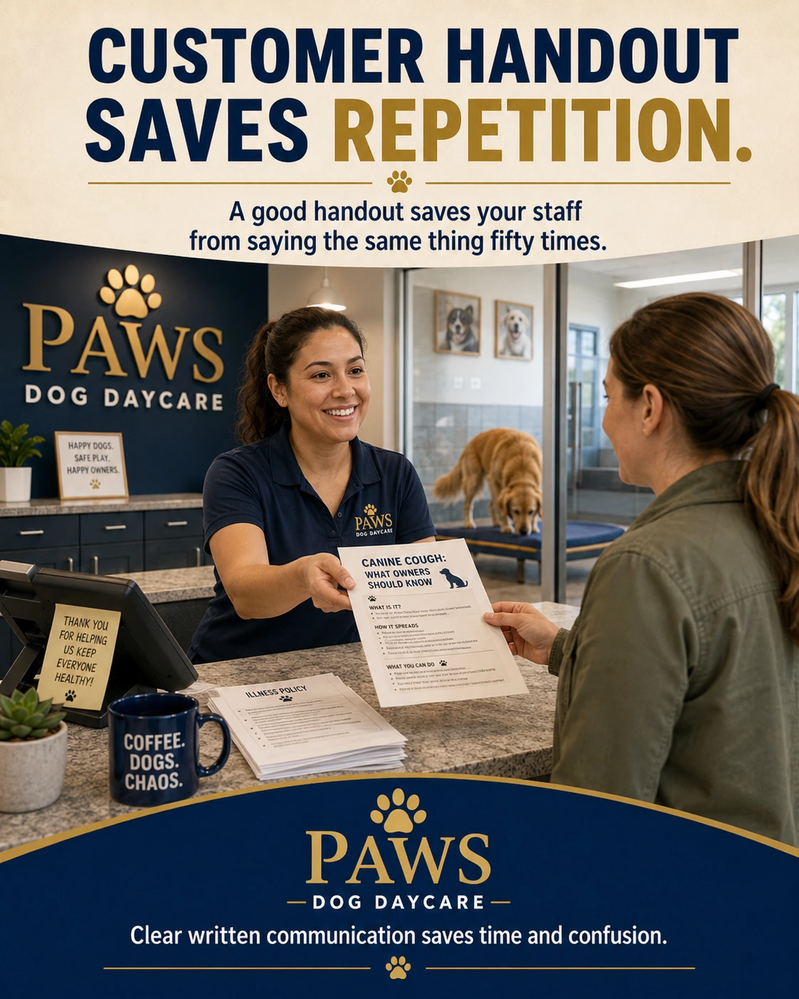 PAWS staff member giving a canine cough handout to a dog owner at the front desk.
