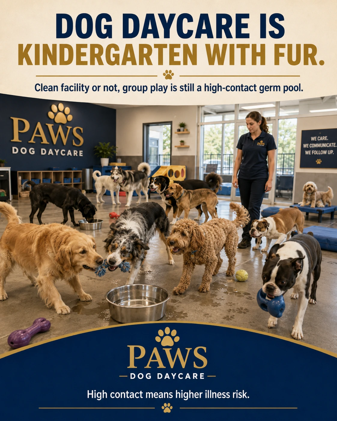 Clean supervised dog daycare playroom where dogs share toys, water bowls, space, air, contact, and germs.