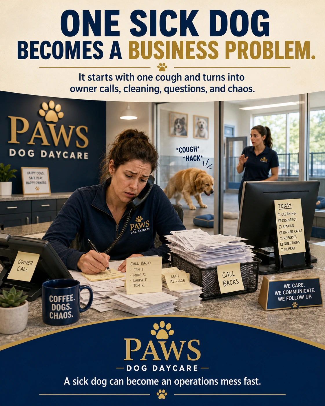 PAWS Dog Daycare insurance scenario image showing one coughing dog turning into phone calls, cleaning tasks, paperwork, callbacks, and business pressure.