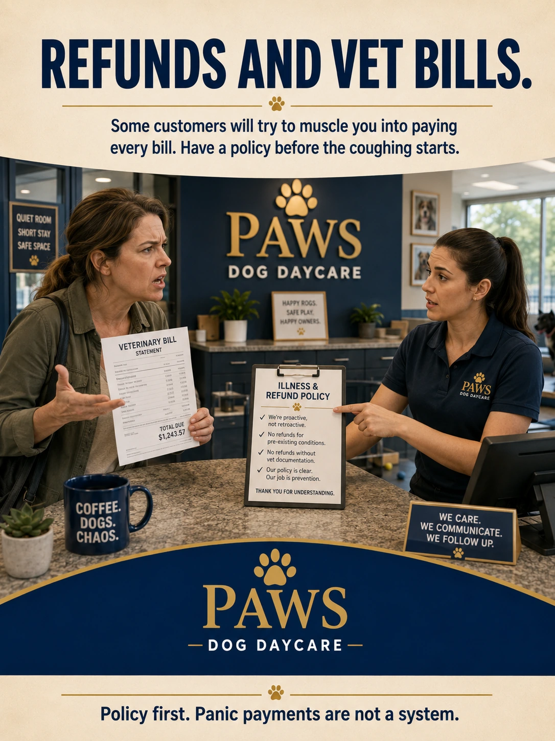 Upset dog owner holding a veterinary bill while daycare staff calmly point to the written illness and refund policy.