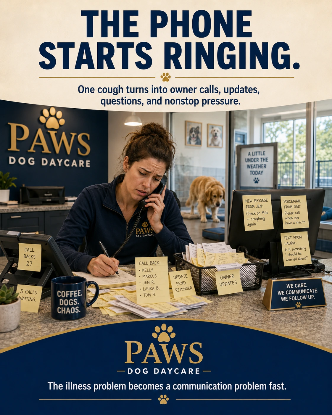 Dog daycare front desk buried in callbacks, owner updates, voicemails, sticky notes, and illness questions after coughing reports.