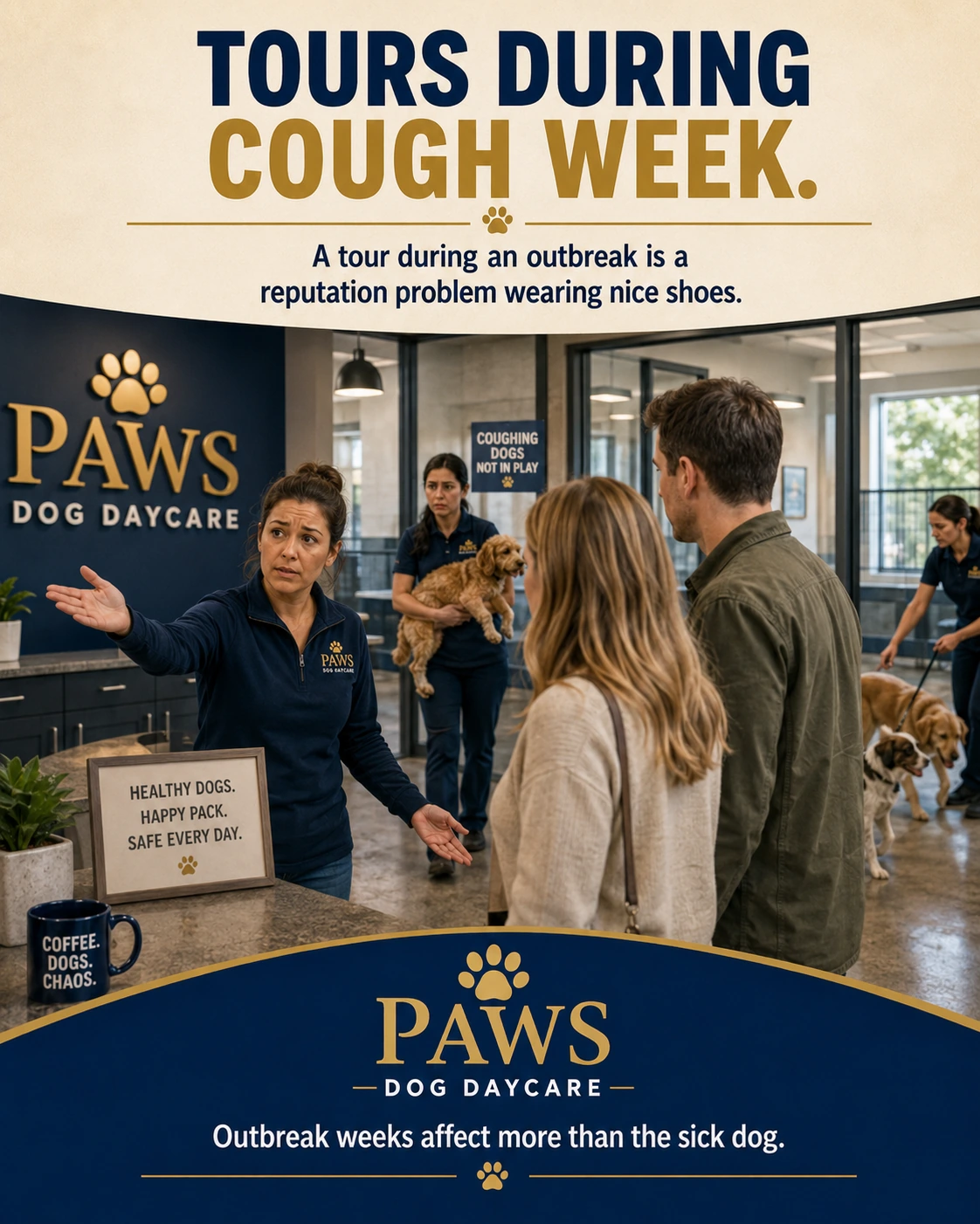 Prospective dog daycare clients touring during an illness week while staff manage coughing dogs and explain the situation carefully.