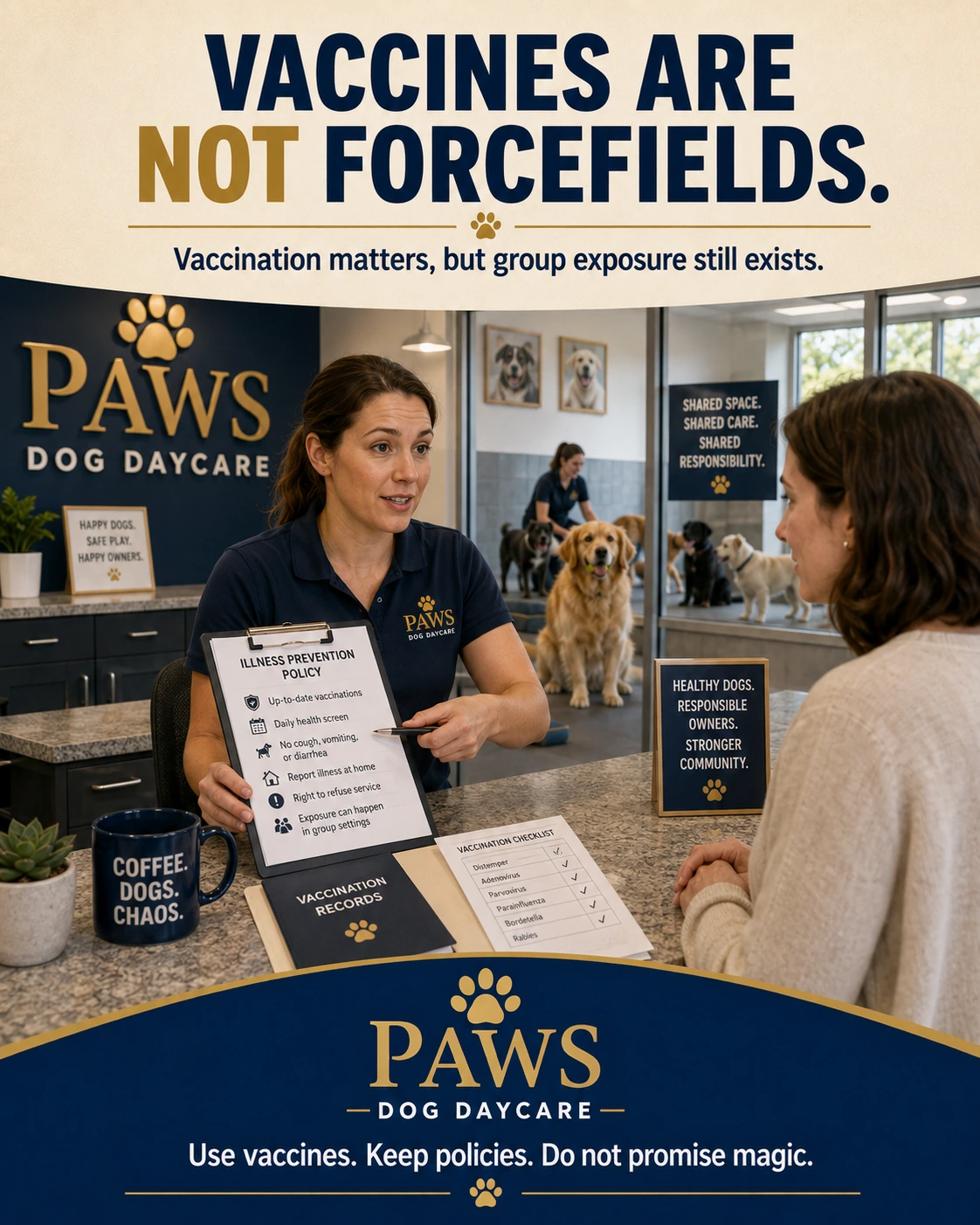 PAWS staff explaining vaccine records and illness-prevention policy without promising magic protection from respiratory illness.