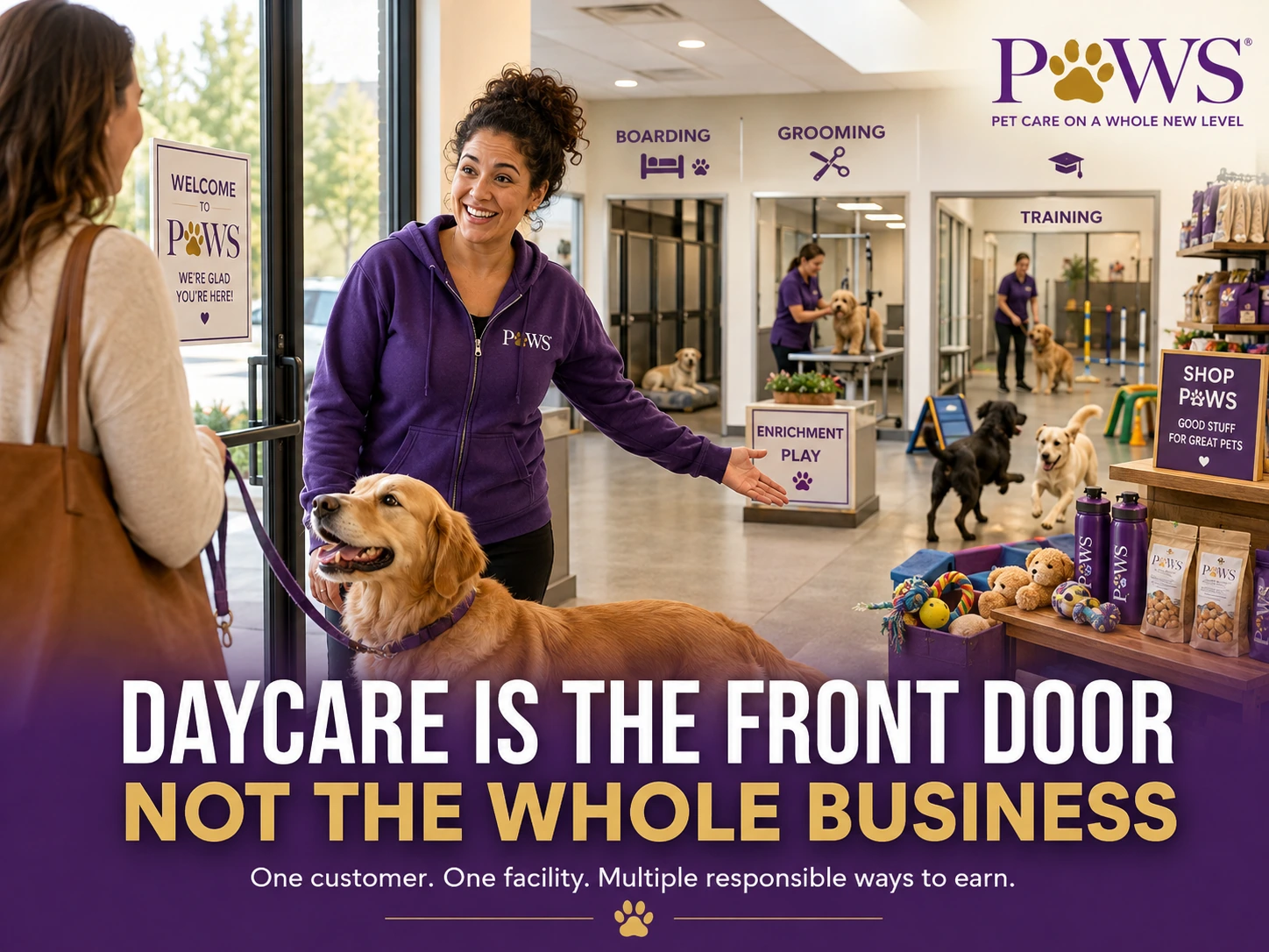 PAWS Lady welcoming a customer and golden retriever into a pet-care facility where boarding, grooming, training, enrichment, and retail services are visible behind her, with overlay text saying daycare is the front door and not the whole business.
