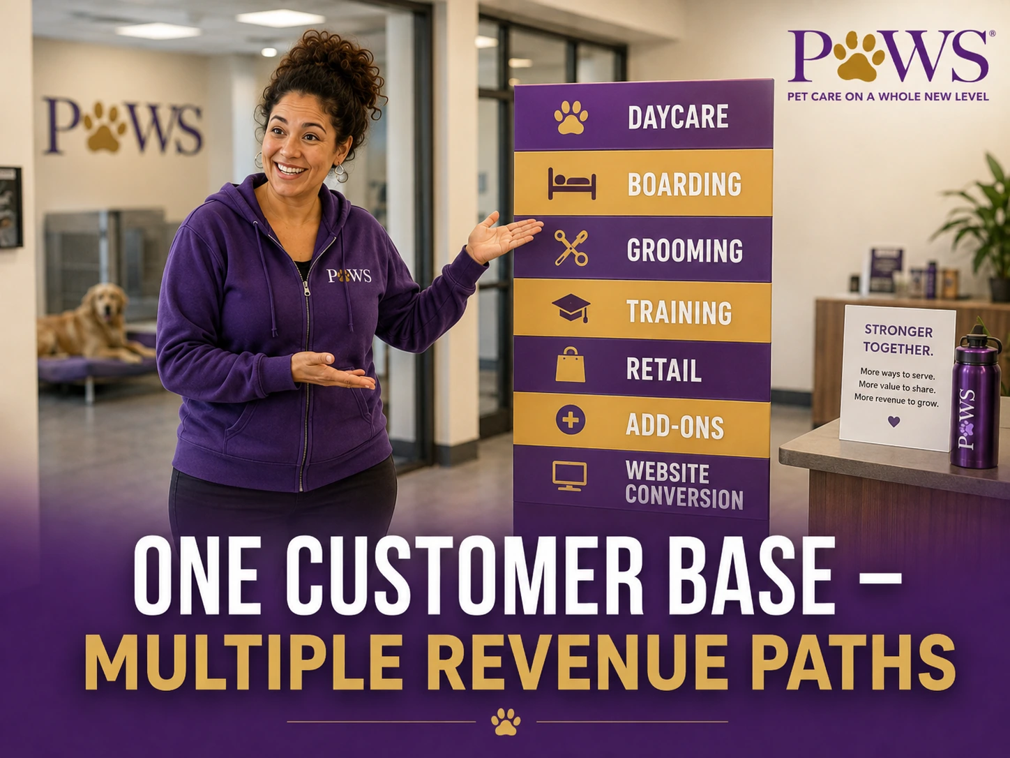 PAWS Lady standing beside a large vertical service-stack sign listing daycare, boarding, grooming, training, retail, add-ons, and website conversion, with overlay text about one customer base and multiple revenue paths.