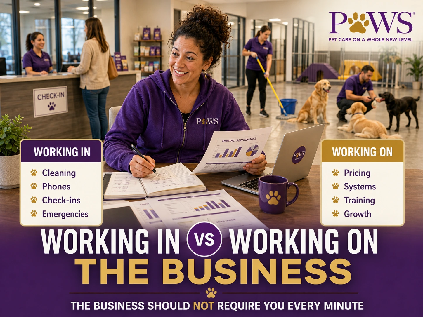 PAWS Lady at a desk inside her dog daycare reviewing reports and business documents while staff and dogs work behind her, with overlay text comparing working in the business versus working on the business.