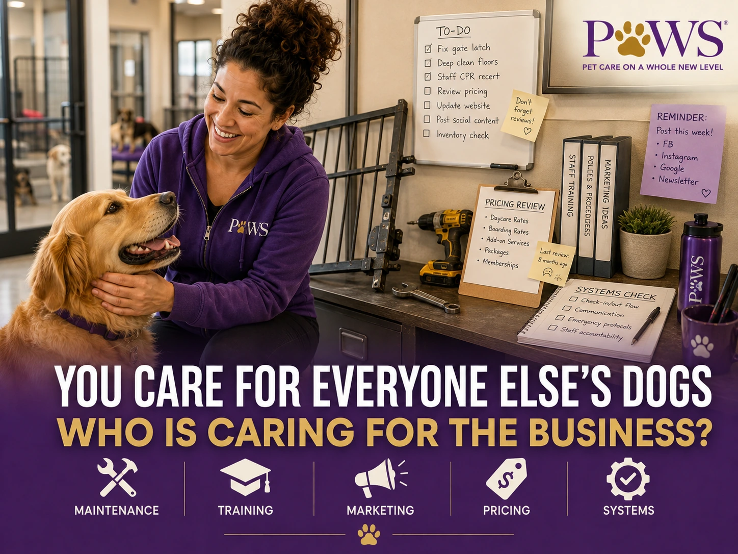 PAWS Lady smiling and caring for a golden retriever beside a workbench filled with business reminders, pricing reviews, systems checklists, training binders, and maintenance tasks, with overlay text asking who is caring for the business.