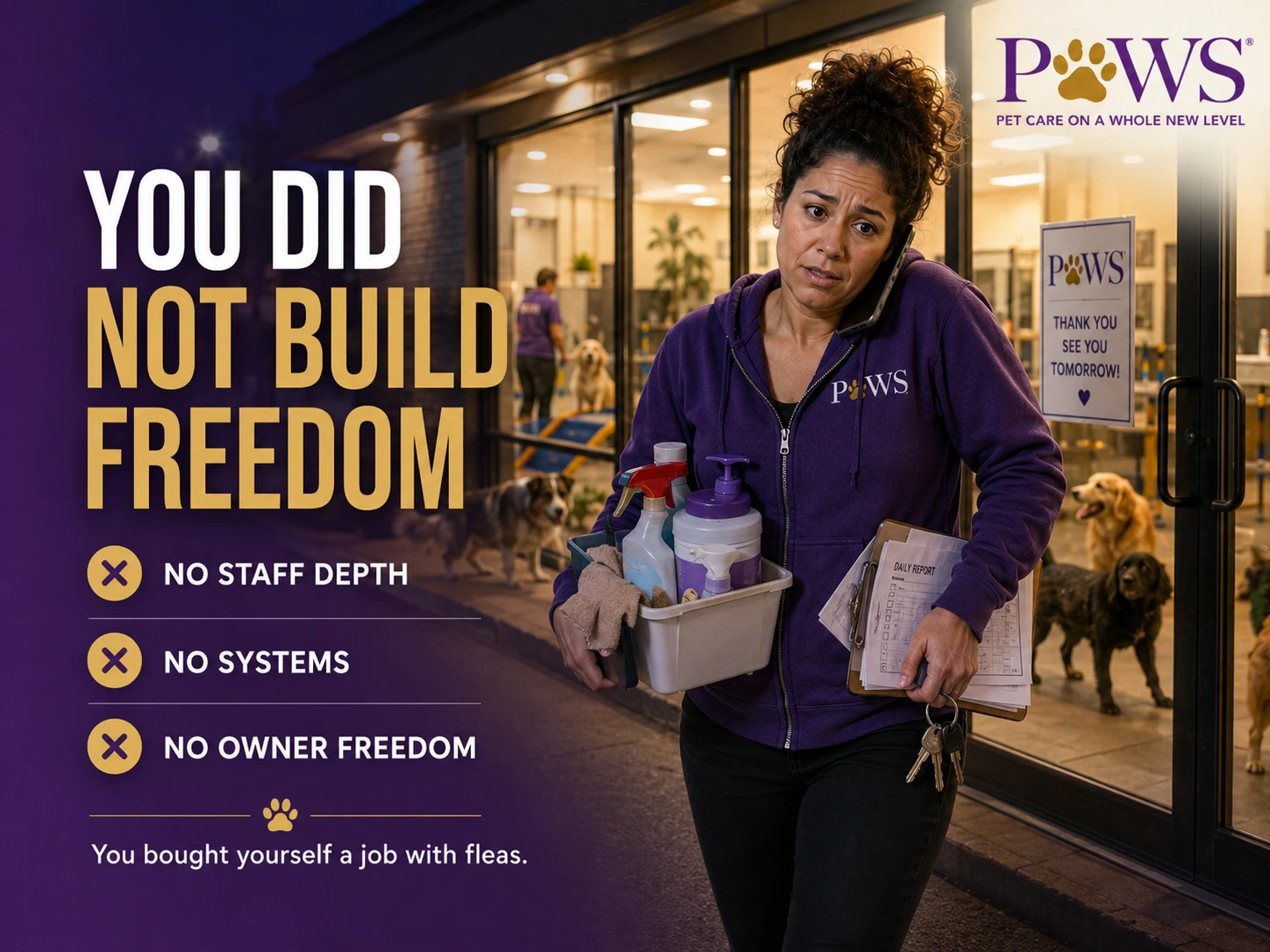 Tired PAWS Lady leaving her facility at night while carrying cleaning supplies, paperwork, keys, and talking on the phone, with overlay text saying she did not build freedom.