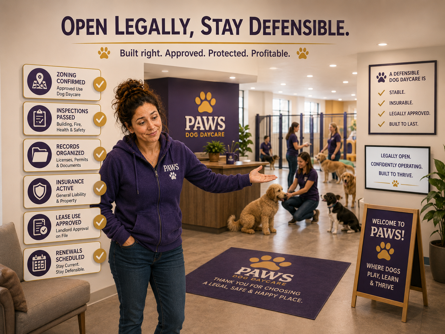 PAWS operator presents a legally operating dog daycare with confirmed zoning, passed inspections, organized records, active insurance, approved lease use, and scheduled renewals.