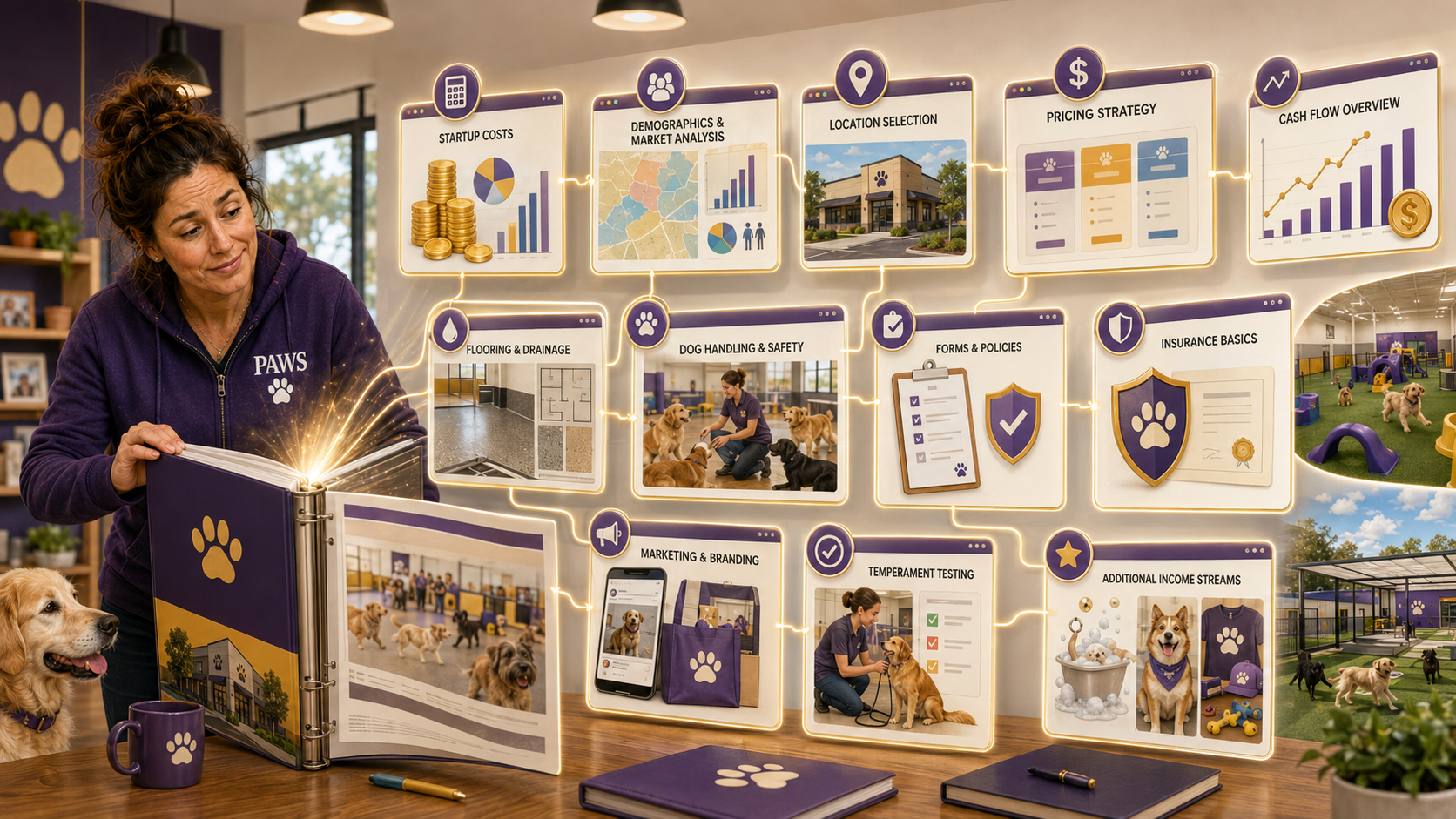 PAWS operator opens a manual that branches into connected web pages covering costs, market research, location, pricing, safety, insurance, and operations.