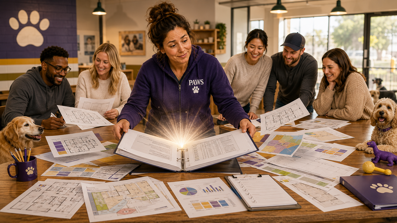 PAWS operator opens a start-up manual as floor plans, financial charts, and planning resources spread across a table for future daycare owners.
