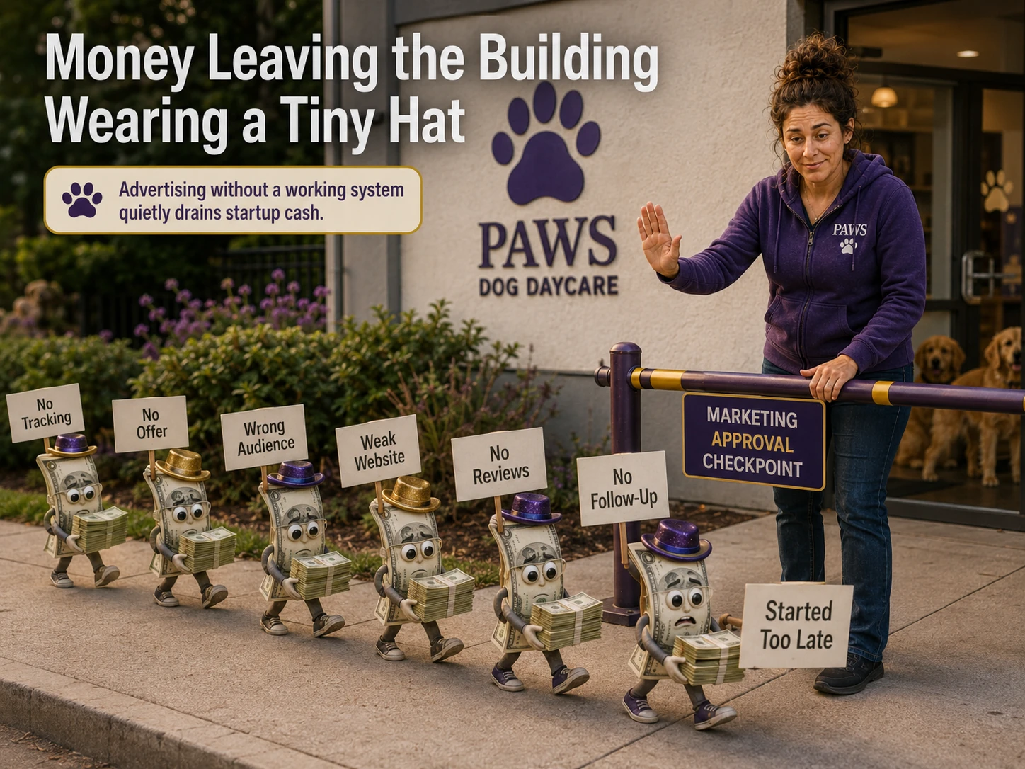 PAWS Lady stops small stacks of money wearing tiny hats from leaving the daycare with signs for no tracking, no offer, wrong audience, weak website, no reviews, no follow-up, and starting too late.