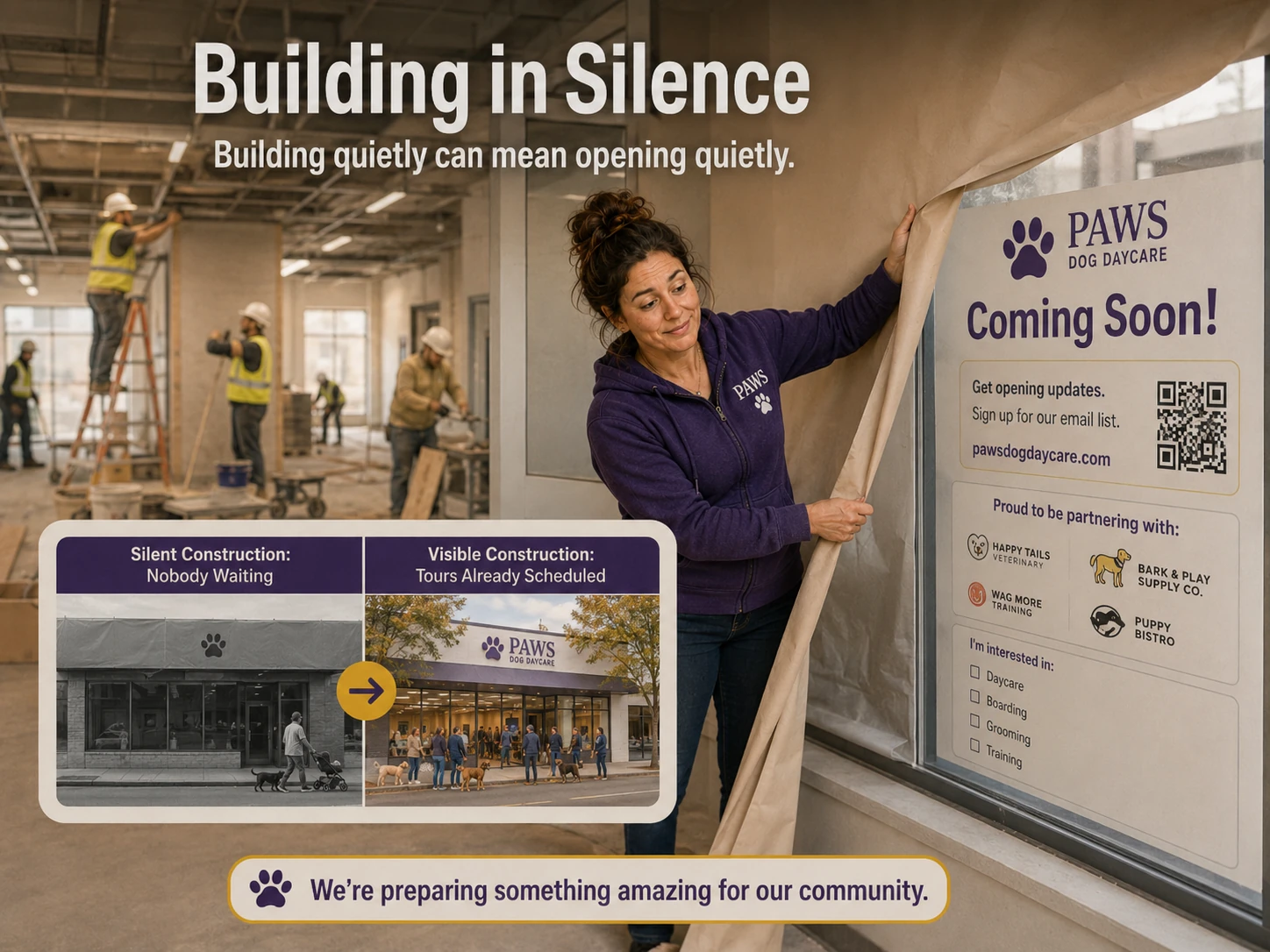 PAWS Lady reveals a coming-soon signup display during daycare construction while an overlay compares silent construction with visible construction and scheduled tours.
