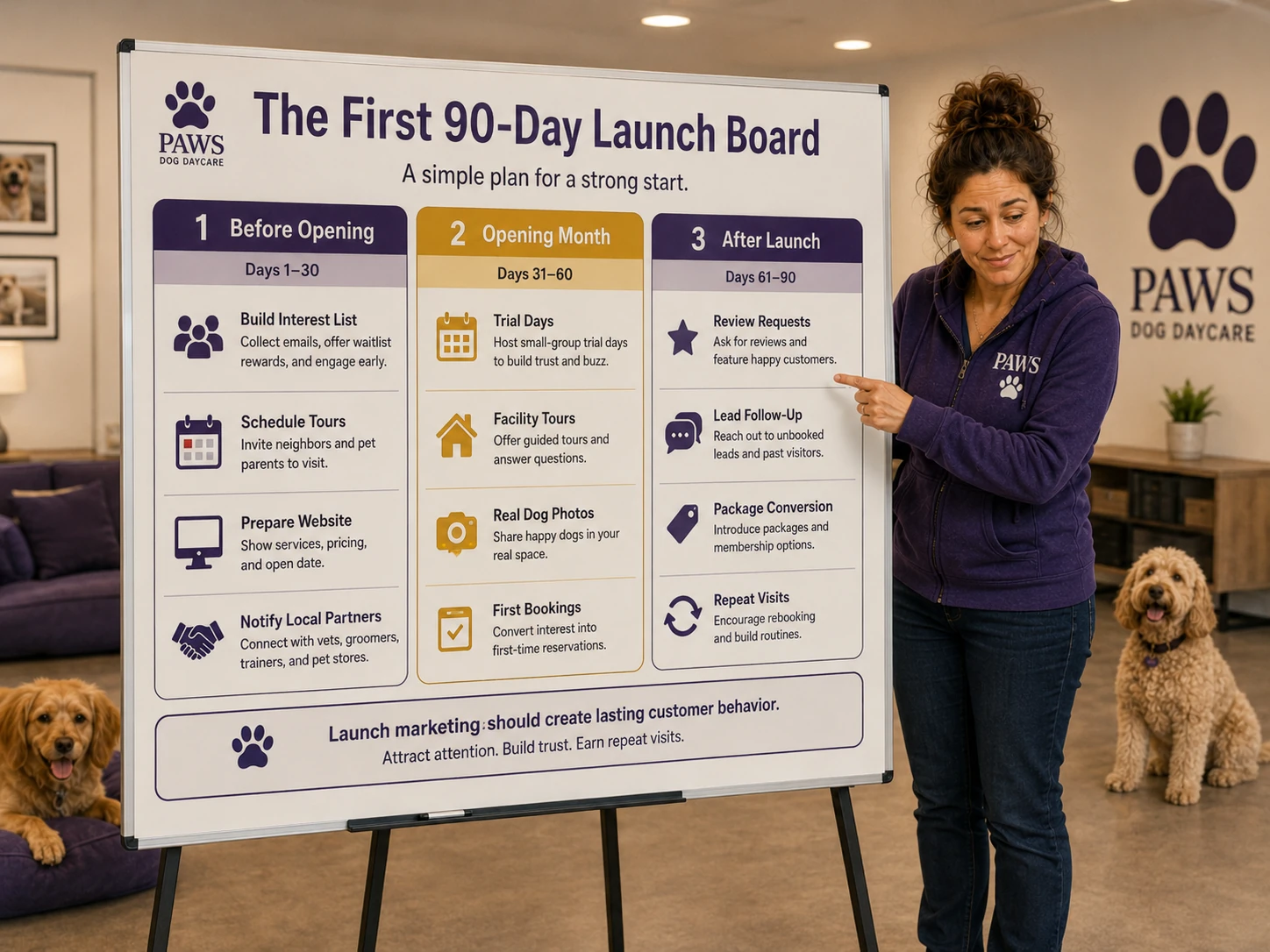 PAWS Lady presents a 90-day dog daycare launch board covering pre-opening preparation, opening-month bookings, and post-launch reviews, follow-up, packages, and repeat visits.