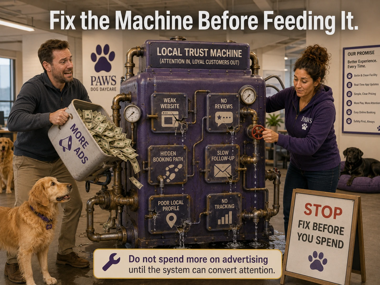 PAWS Lady repairs a leaking local trust machine while a salesperson tries to pour more advertising money into failures labeled weak website, no reviews, hidden booking path, slow follow-up, poor local profile, and no tracking.